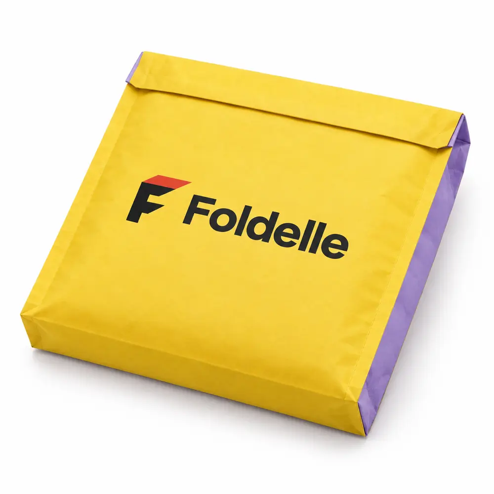 Alternate view of the lemon yellow with lilac accents paper dispatch bags with Foldelle artwork