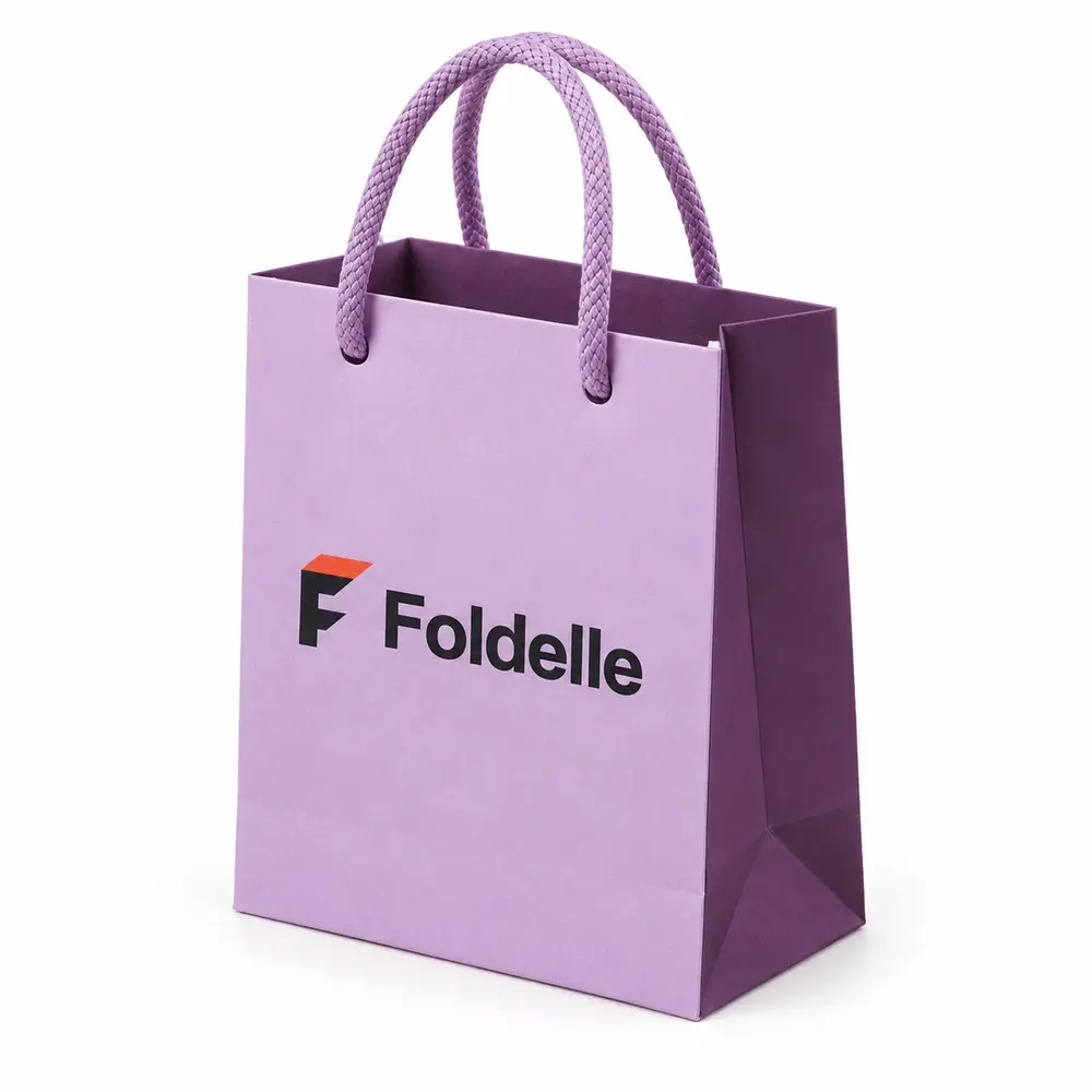 Alternate view of the powder lilac with aubergine accents cotton-cord shopping bags with Foldelle artwork