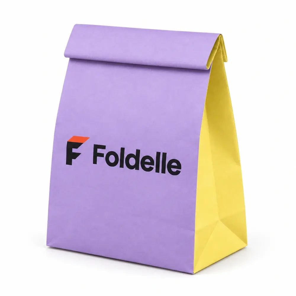 Alternate view of the lavender with lemon yellow accents fold-top paper bags with Foldelle artwork