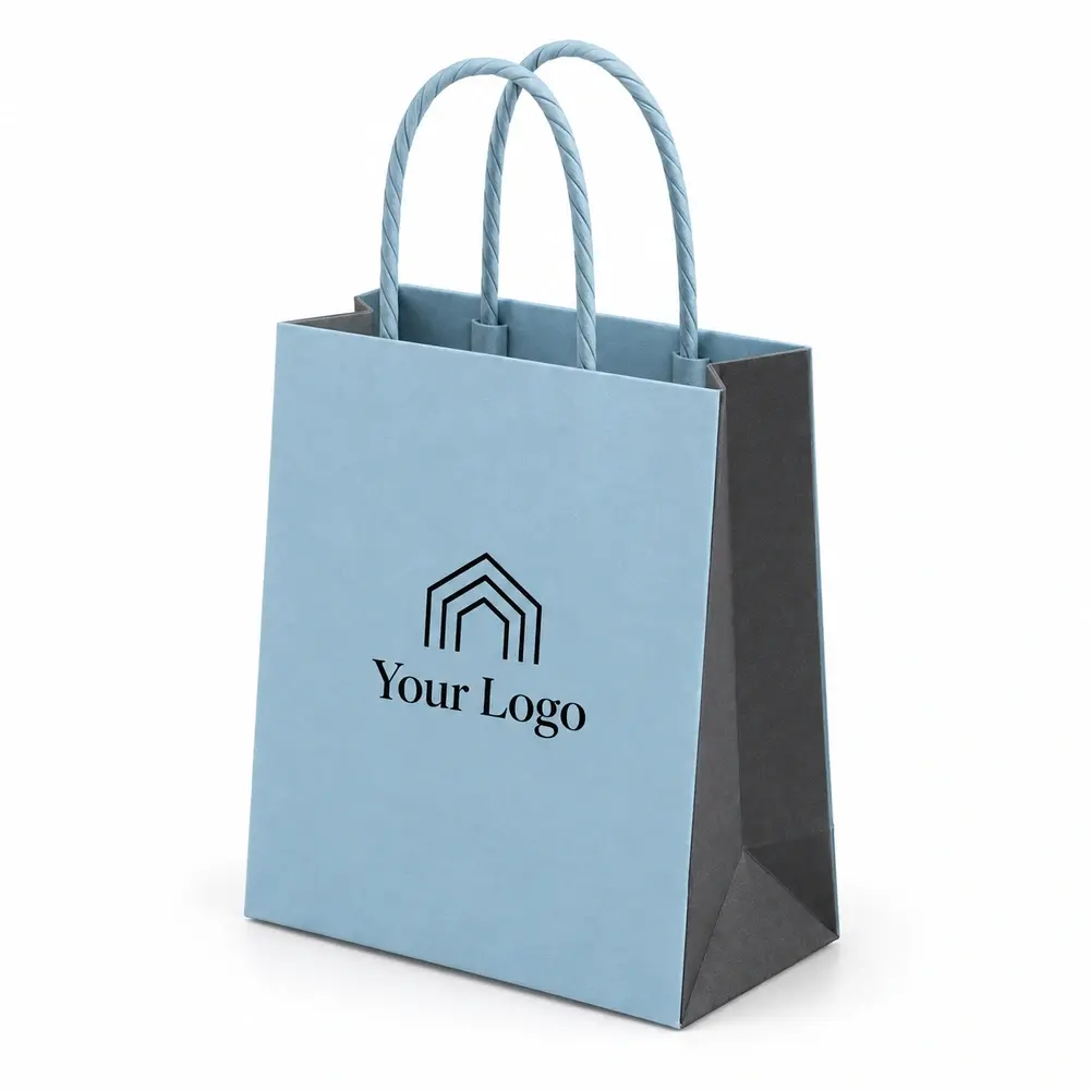 Alternate view of the glacier blue with charcoal accents twisted-paper handle bags with Your Logo artwork