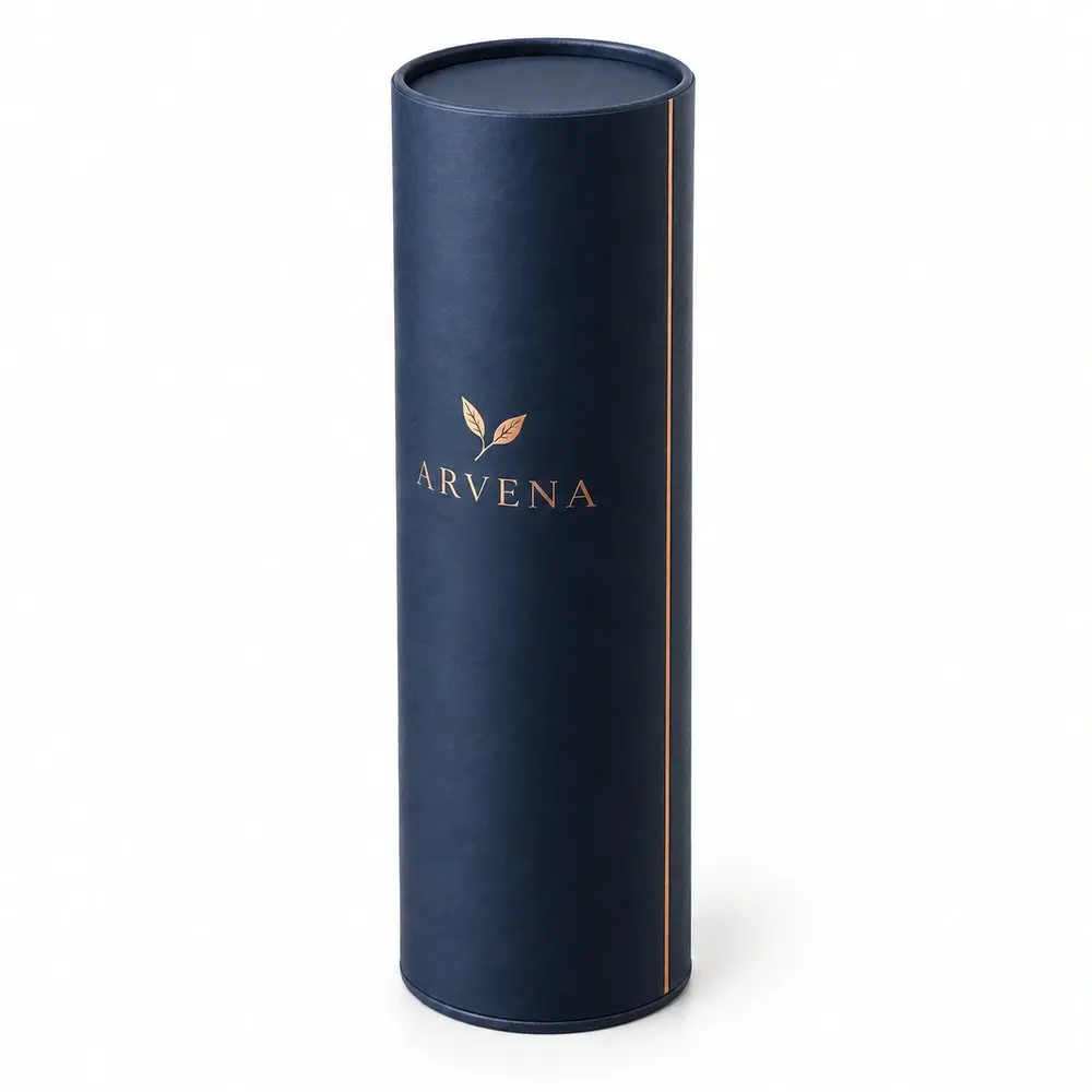 Alternate view of the navy with copper accents paper end-cap tubes with ARVENA artwork