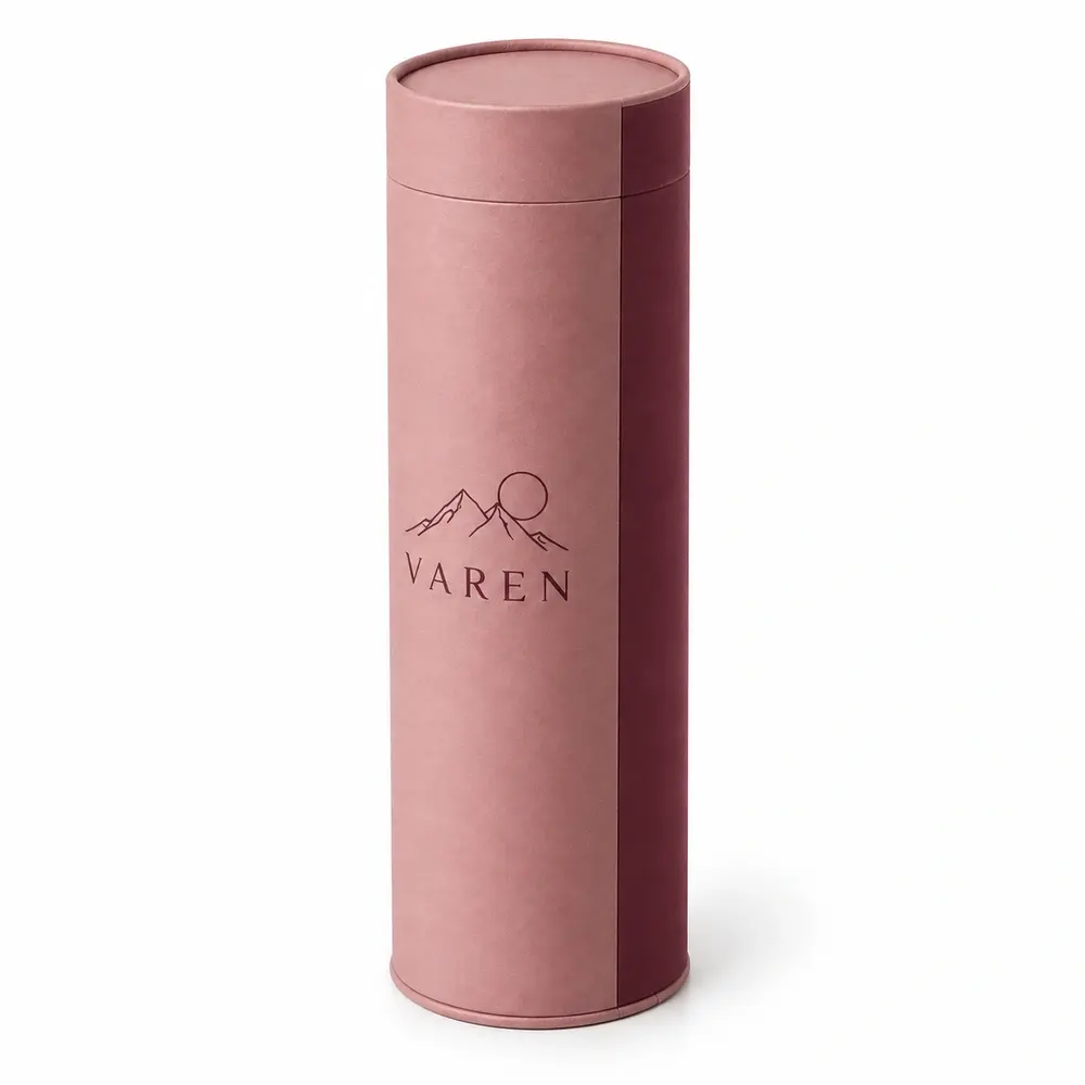 Alternate view of the dusty rose with burgundy accents rolled-edge gift tubes with VAREN artwork