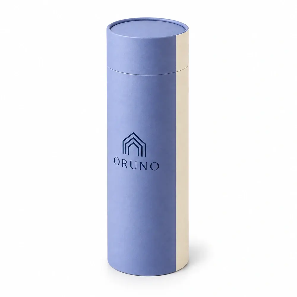 Alternate view of the periwinkle with ivory accents two-piece paper tubes with ORUNO artwork