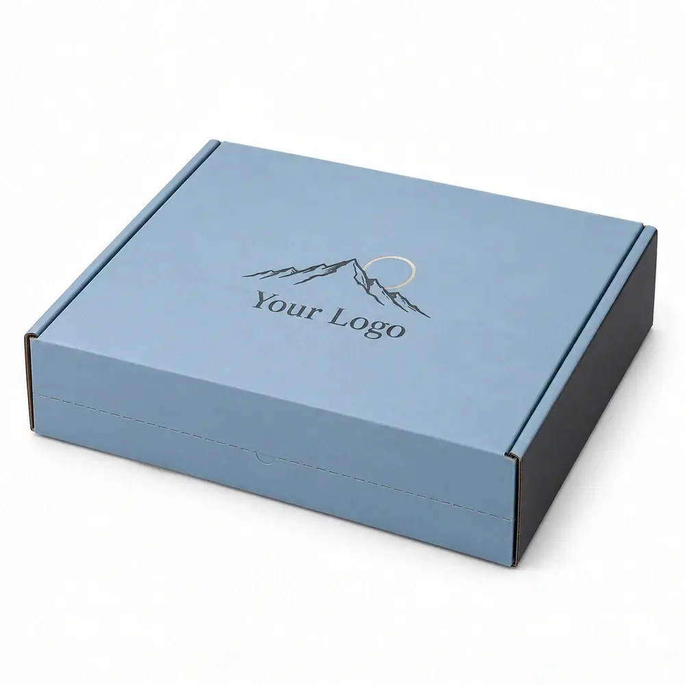 Alternate view of the glacier blue with charcoal accents resealable mailer boxes with Your Logo artwork