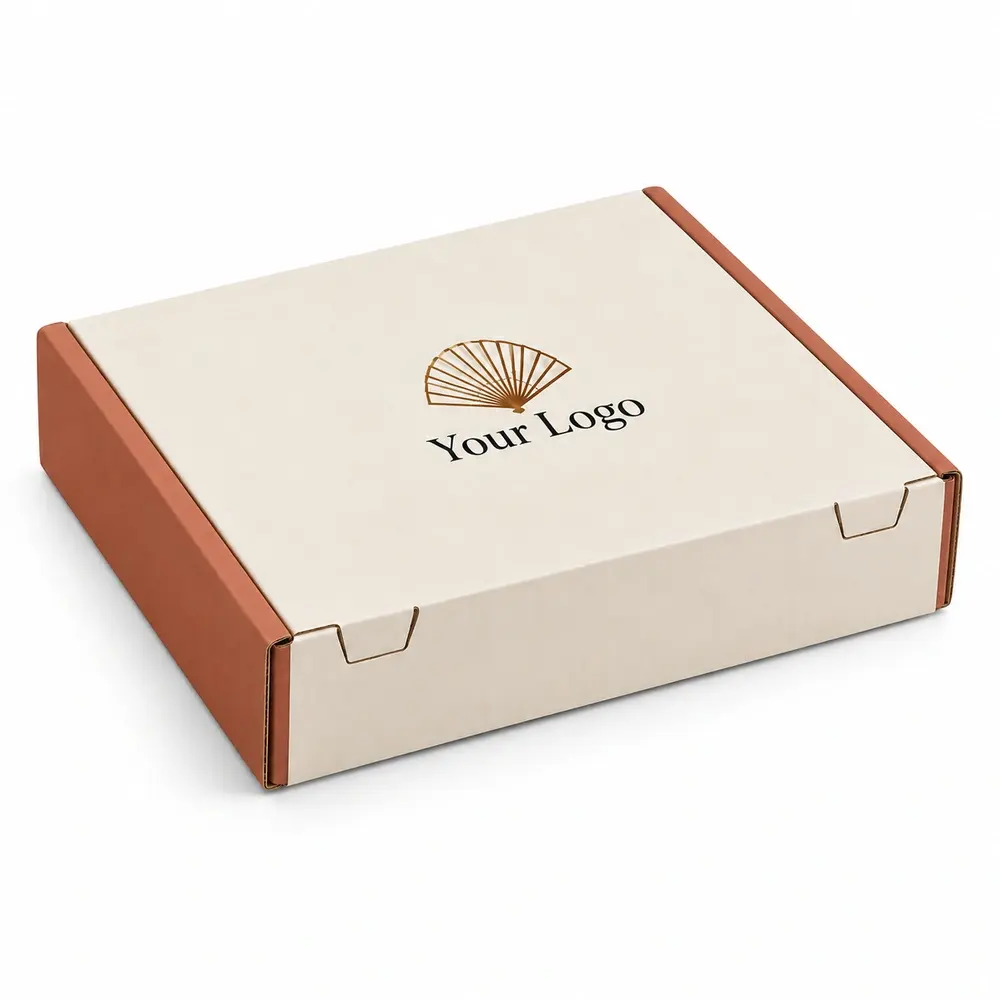 Alternate view of the ivory with terracotta accents roll-end mailer boxes with Your Logo artwork