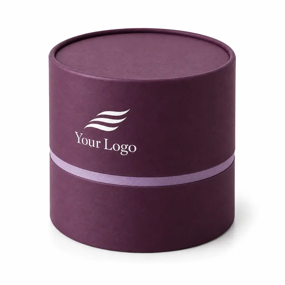 Alternate view of the plum with lilac accents telescopic paper tubes with Your Logo artwork