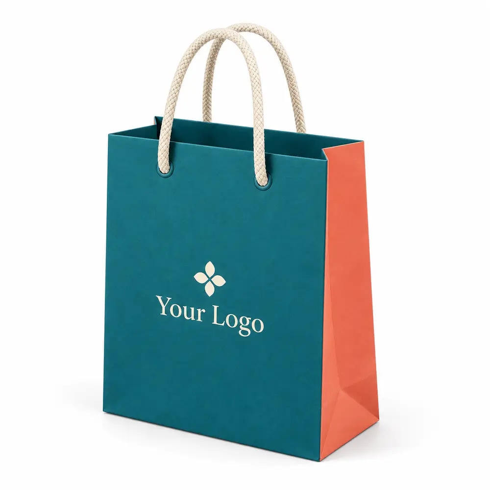 Alternate view of the kingfisher teal with coral accents cotton-cord shopping bags with Your Logo artwork