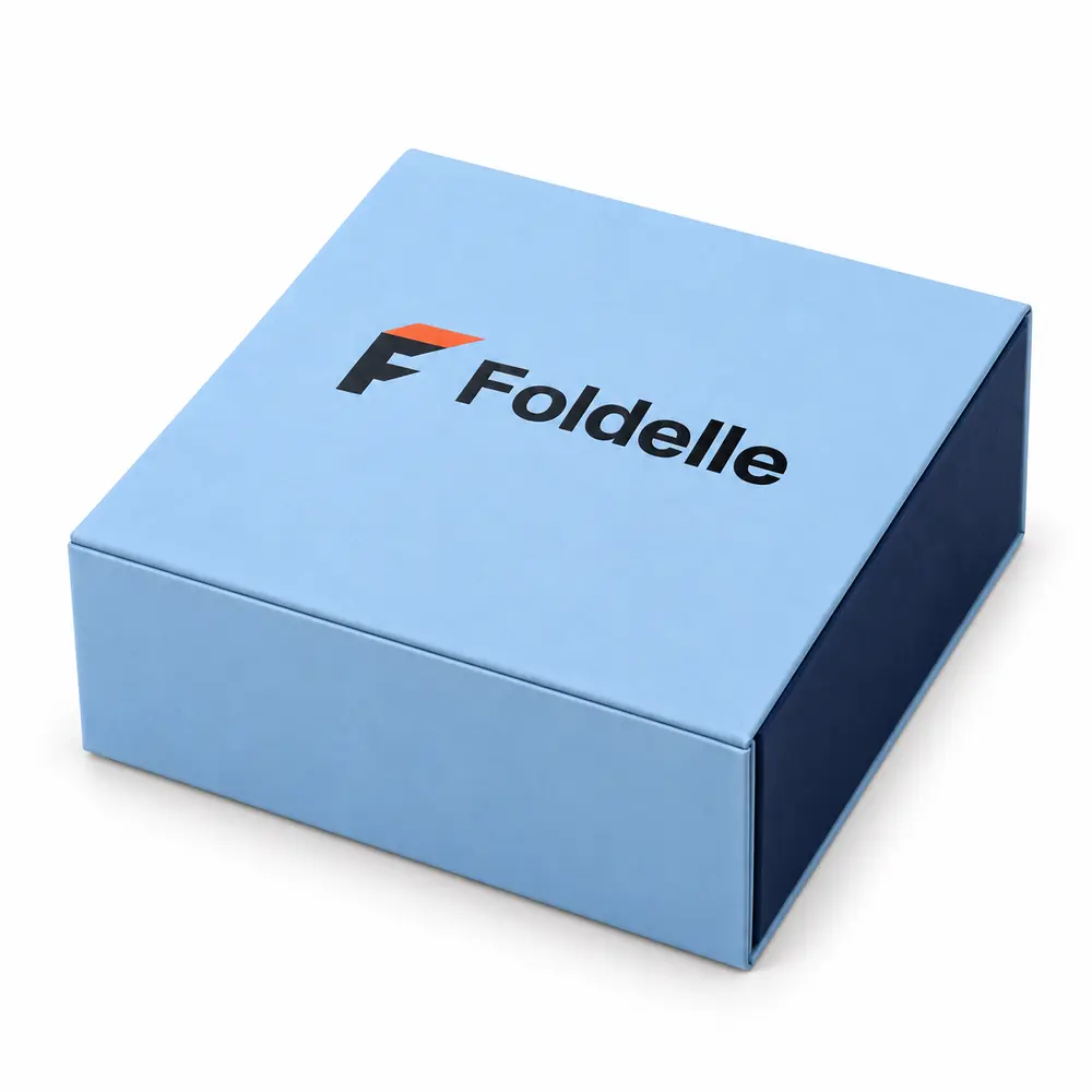 Alternate view of the sky blue with navy accents collapsible magnetic boxes with Foldelle artwork
