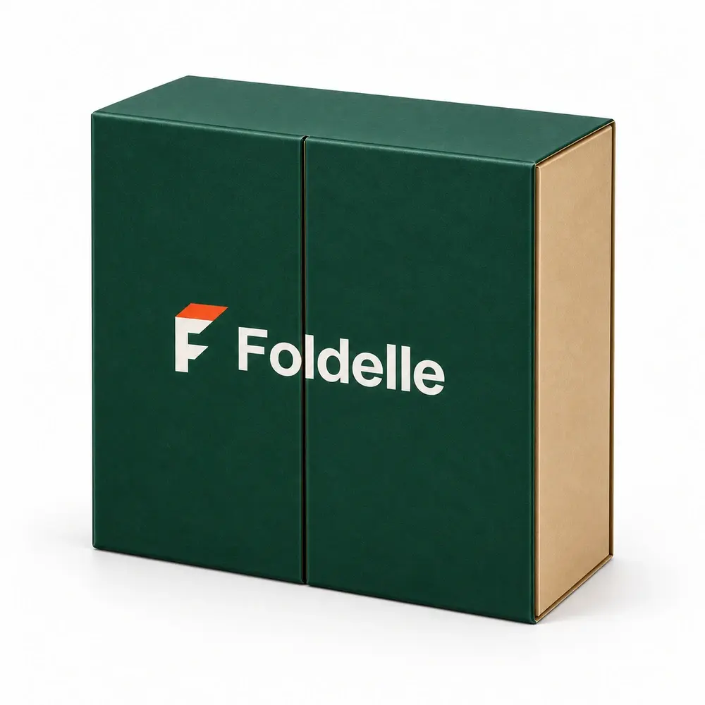 Alternate view of the emerald with champagne accents double-door gift boxes with Foldelle artwork