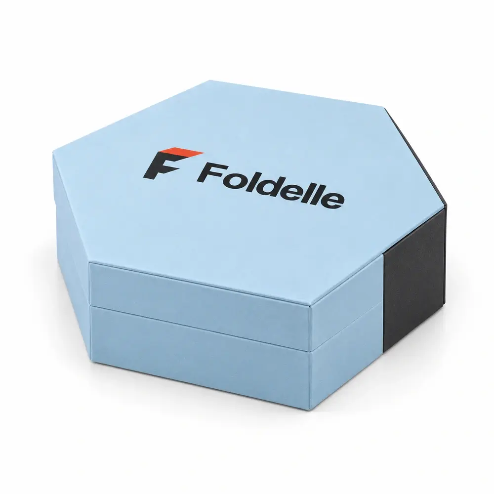 Alternate view of the glacier blue with charcoal accents hexagonal magnetic boxes with Foldelle artwork