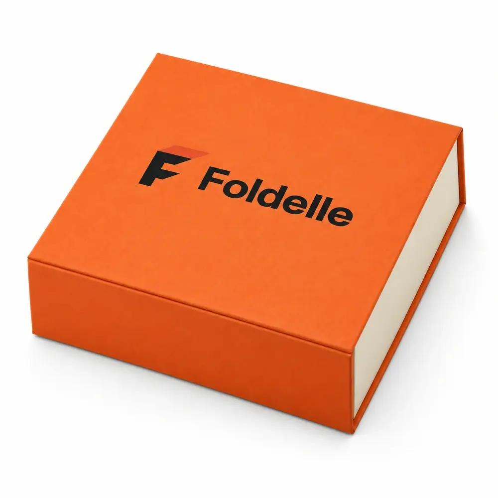 Alternate view of the tangerine with cream accents magnetic book boxes with Foldelle artwork