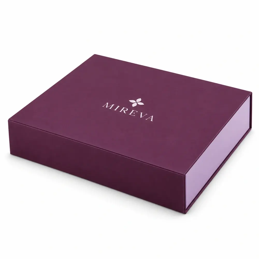 Alternate view of the plum with lilac accents collapsible magnetic boxes with MIREVA artwork