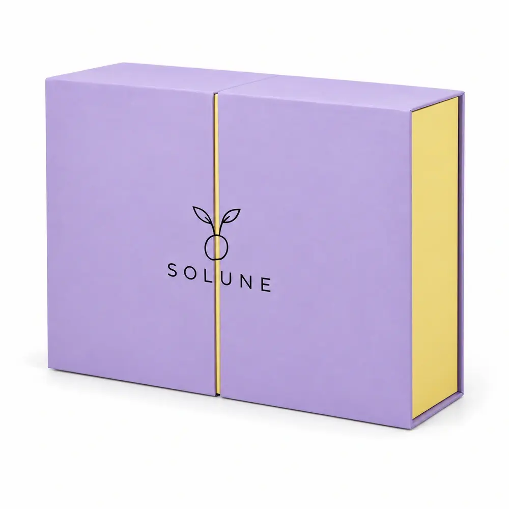 Alternate view of the lavender with lemon yellow accents double-door gift boxes with SOLUNE artwork