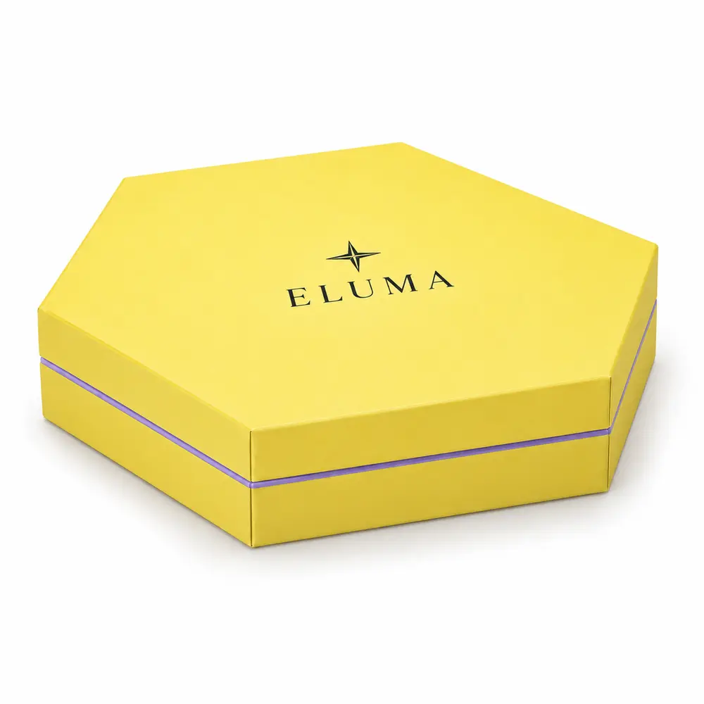 Alternate view of the lemon yellow with lilac accents hexagonal magnetic boxes with ELUMA artwork