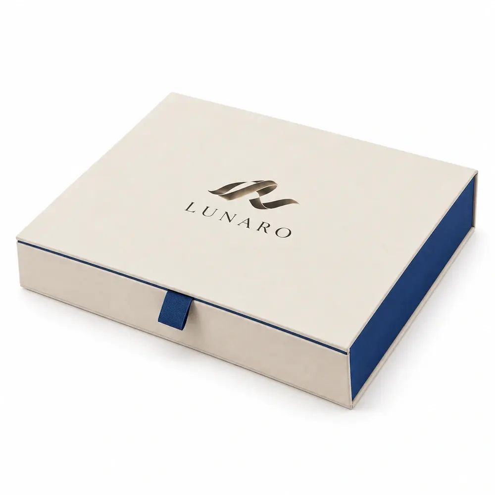Alternate view of the cream with royal blue accents ribbon magnetic presentation boxes with LUNARO artwork