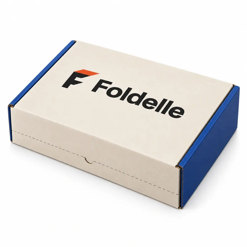 Alternate view of the cream with royal blue accents resealable mailer boxes with Foldelle artwork
