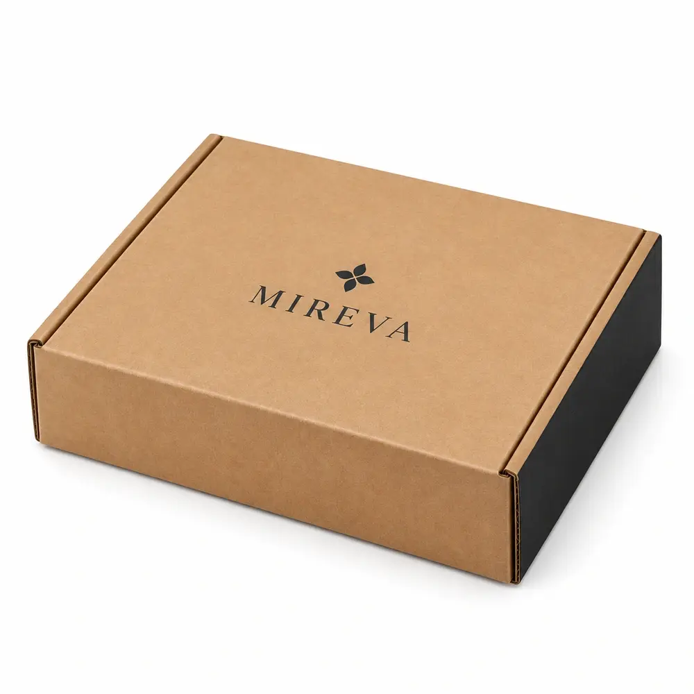 Alternate view of the warm kraft brown with black accents wraparound mailers with MIREVA artwork