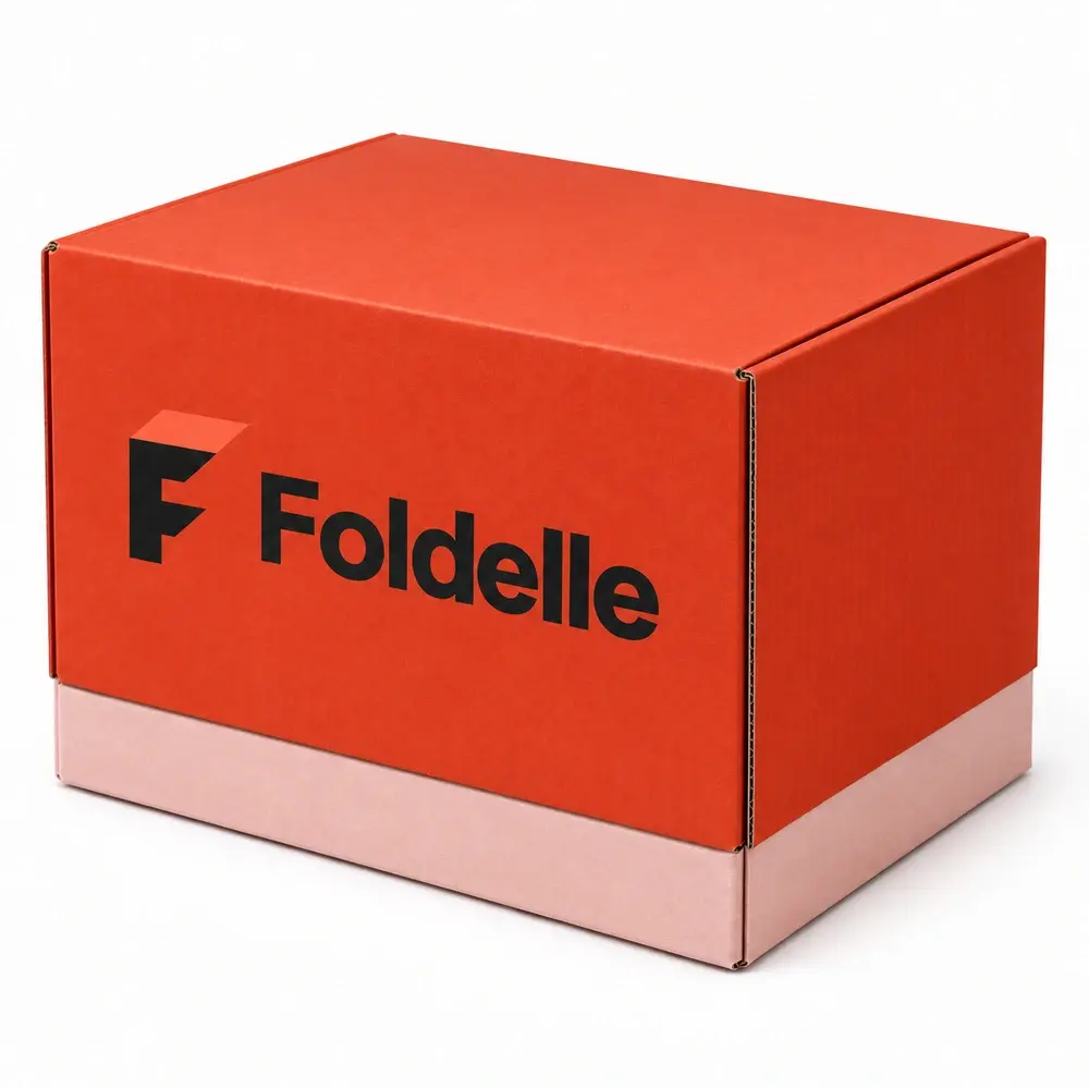Alternate view of the vermillion with pale pink accents telescoping shipping boxes with Foldelle artwork