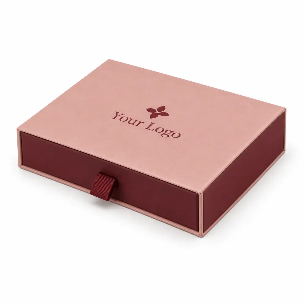 Alternate view of the dusty rose with burgundy accents drawer presentation boxes with Your Logo artwork