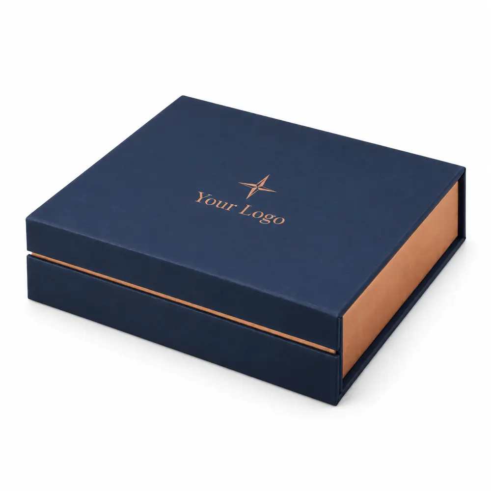 Alternate view of the navy with copper accents hinged keepsake boxes with Your Logo artwork