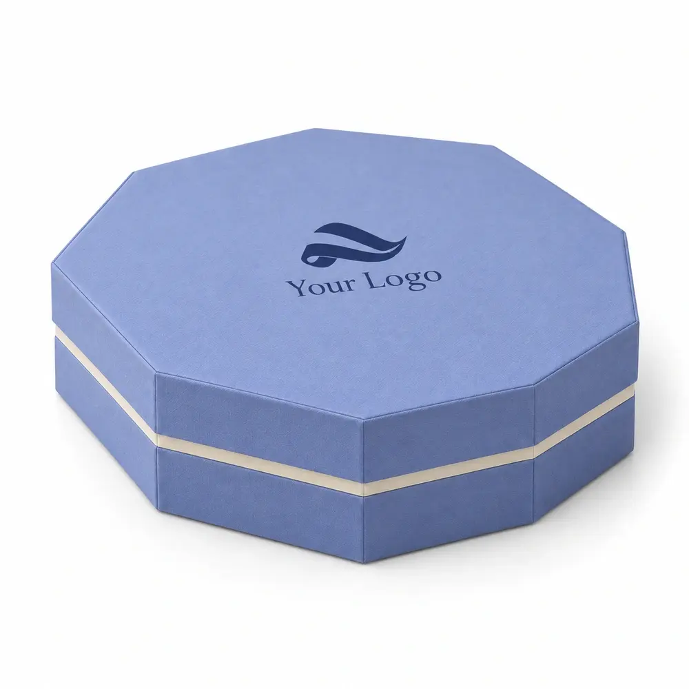 Alternate view of the periwinkle with ivory accents octagonal gift boxes with Your Logo artwork