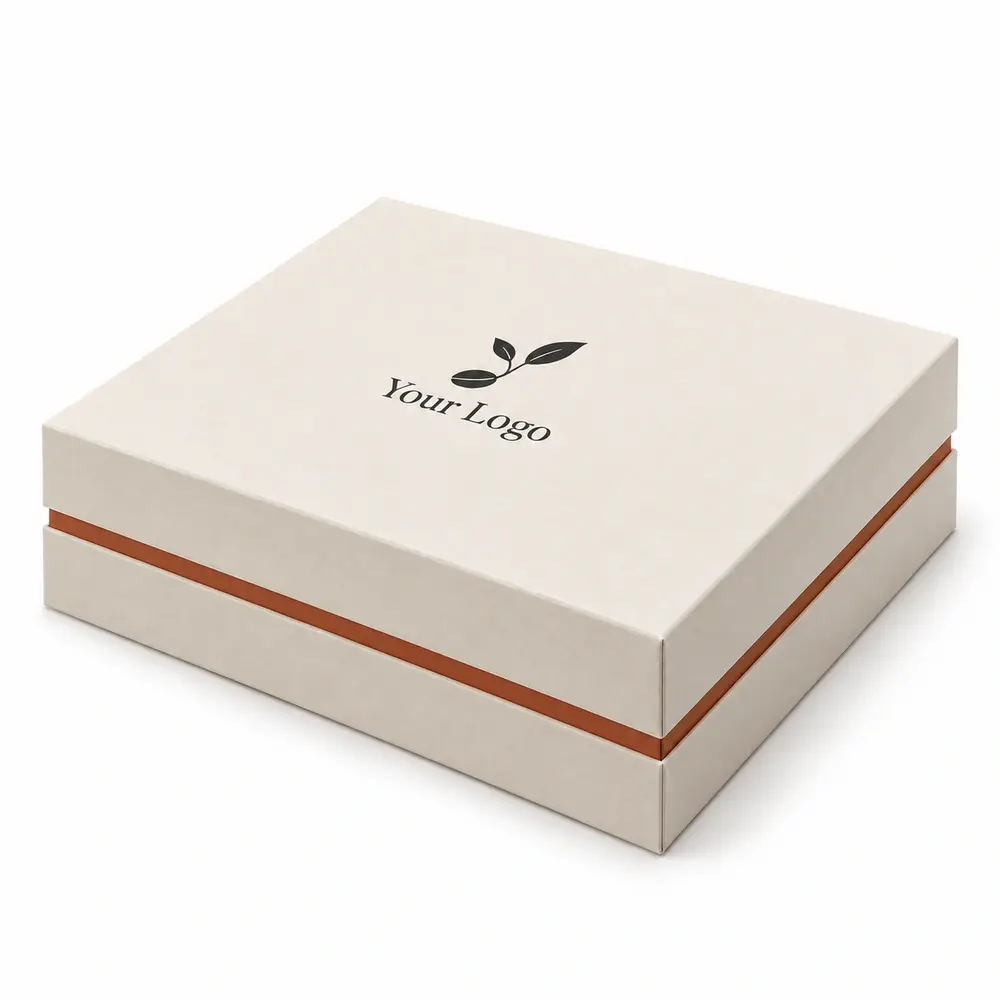 Alternate view of the ivory with terracotta accents shoulder presentation boxes with Your Logo artwork