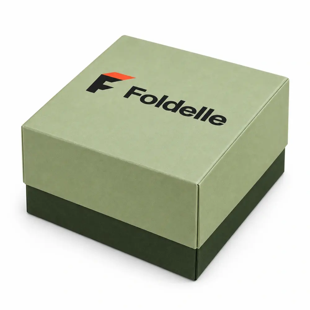 Alternate view of the pistachio with forest green accents folding lid & base cartons with Foldelle artwork