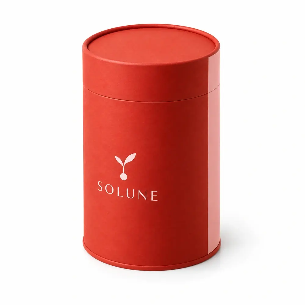 Alternate view of the vermillion with pale pink accents rolled-edge gift tubes with SOLUNE artwork