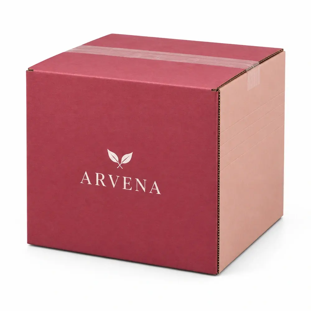 Alternate view of the raspberry with blush accents adjustable-depth shippers with ARVENA artwork