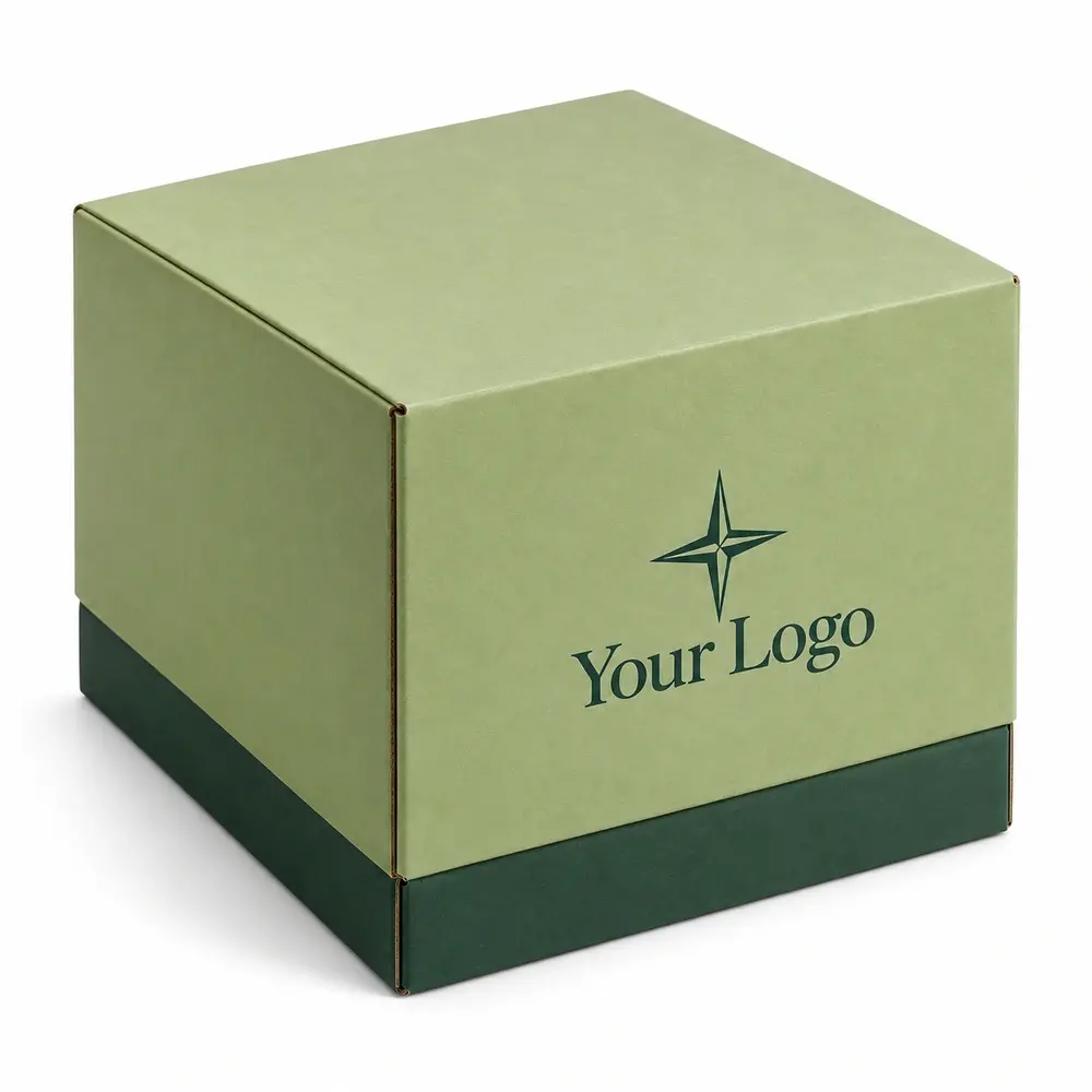 Alternate view of the pistachio with forest green accents telescoping shipping boxes with Your Logo artwork