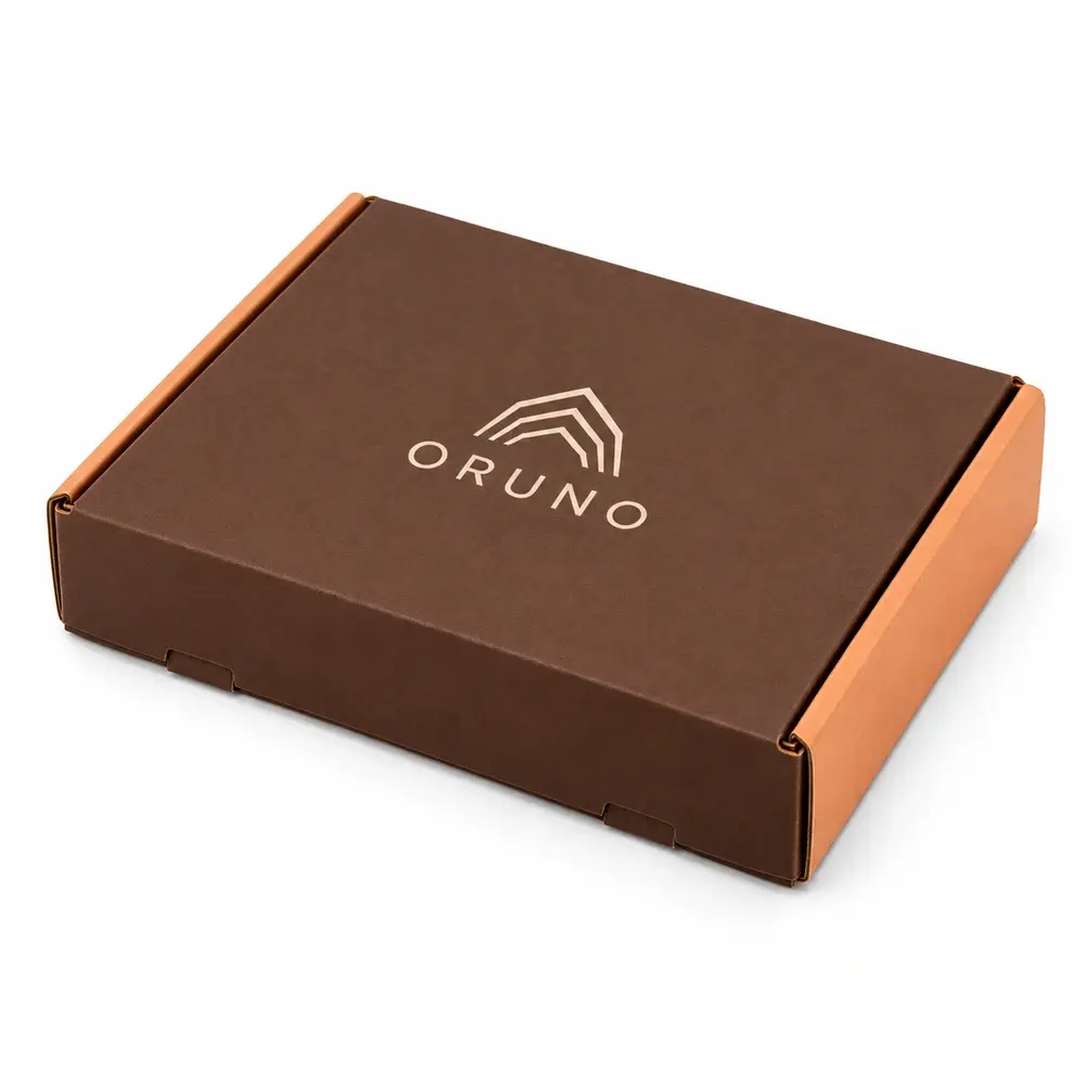 Alternate view of the chocolate brown with apricot accents roll-end mailer boxes with ORUNO artwork