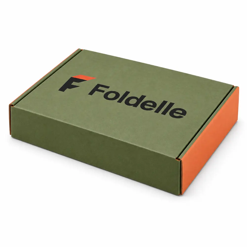 Alternate view of the olive green with apricot accents side-loading mailers with Foldelle artwork