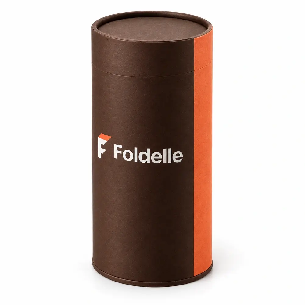 Alternate view of the chocolate brown with apricot accents paper end-cap tubes with Foldelle artwork