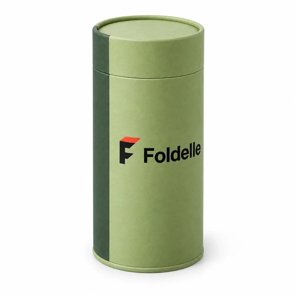Alternate view of the pistachio with forest green accents rolled-edge gift tubes with Foldelle artwork