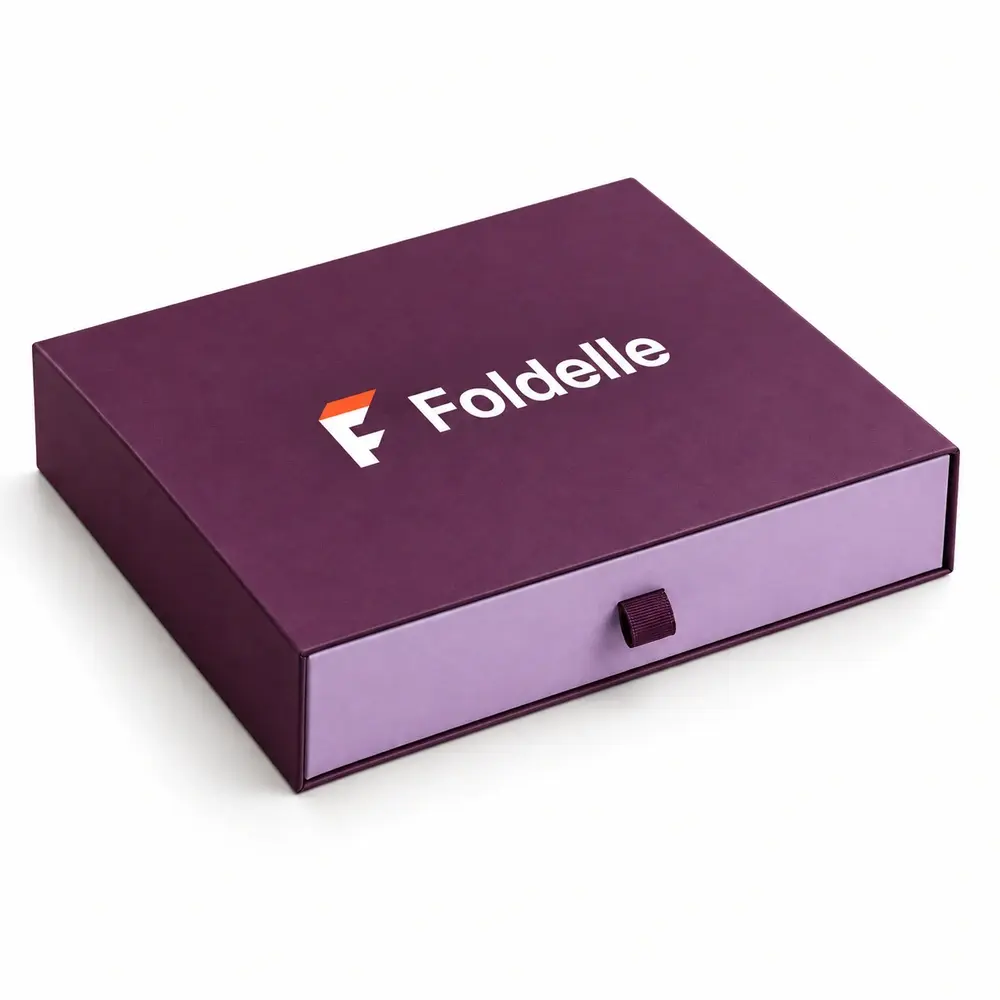Alternate view of the plum with lilac accents drawer presentation boxes with Foldelle artwork