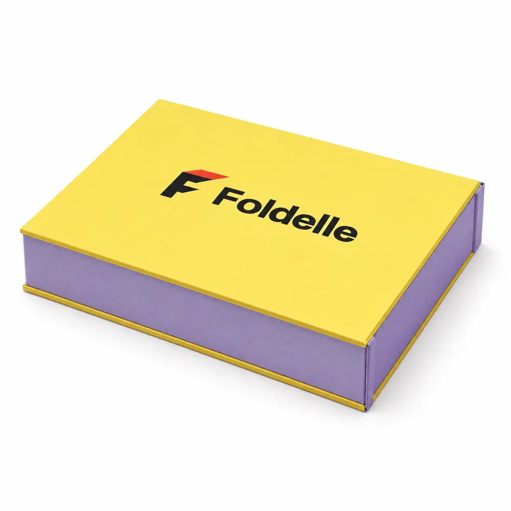 Alternate view of the lemon yellow with lilac accents hinged keepsake boxes with Foldelle artwork