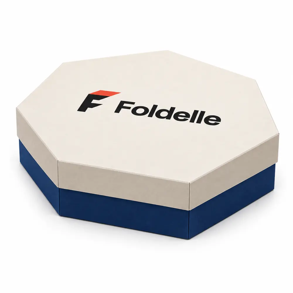 Alternate view of the cream with royal blue accents octagonal gift boxes with Foldelle artwork