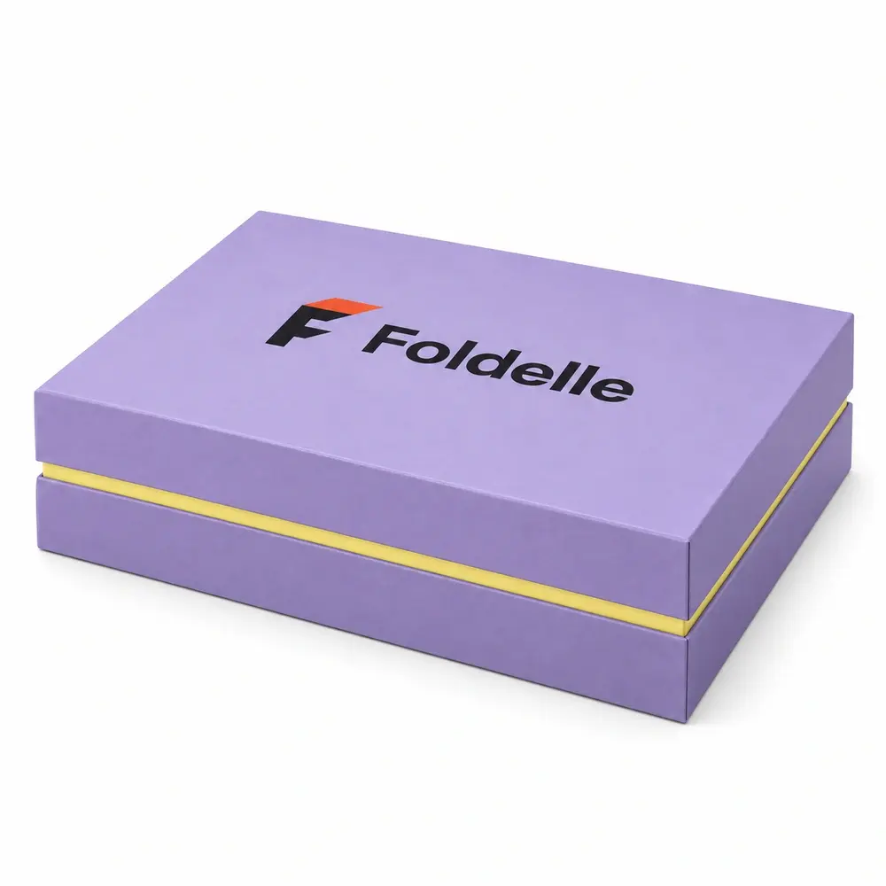 Alternate view of the lavender with lemon yellow accents shoulder presentation boxes with Foldelle artwork