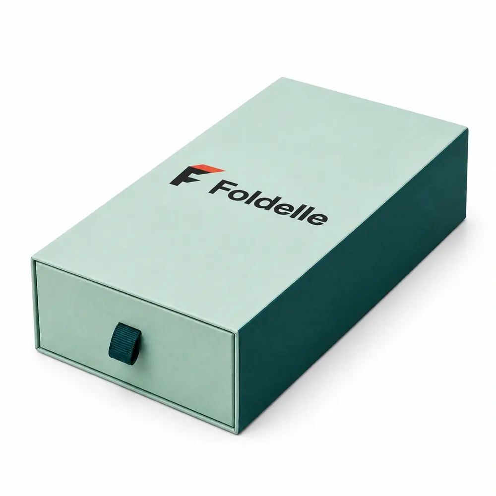 Alternate view of the seafoam with deep teal accents drawer presentation boxes with Foldelle artwork