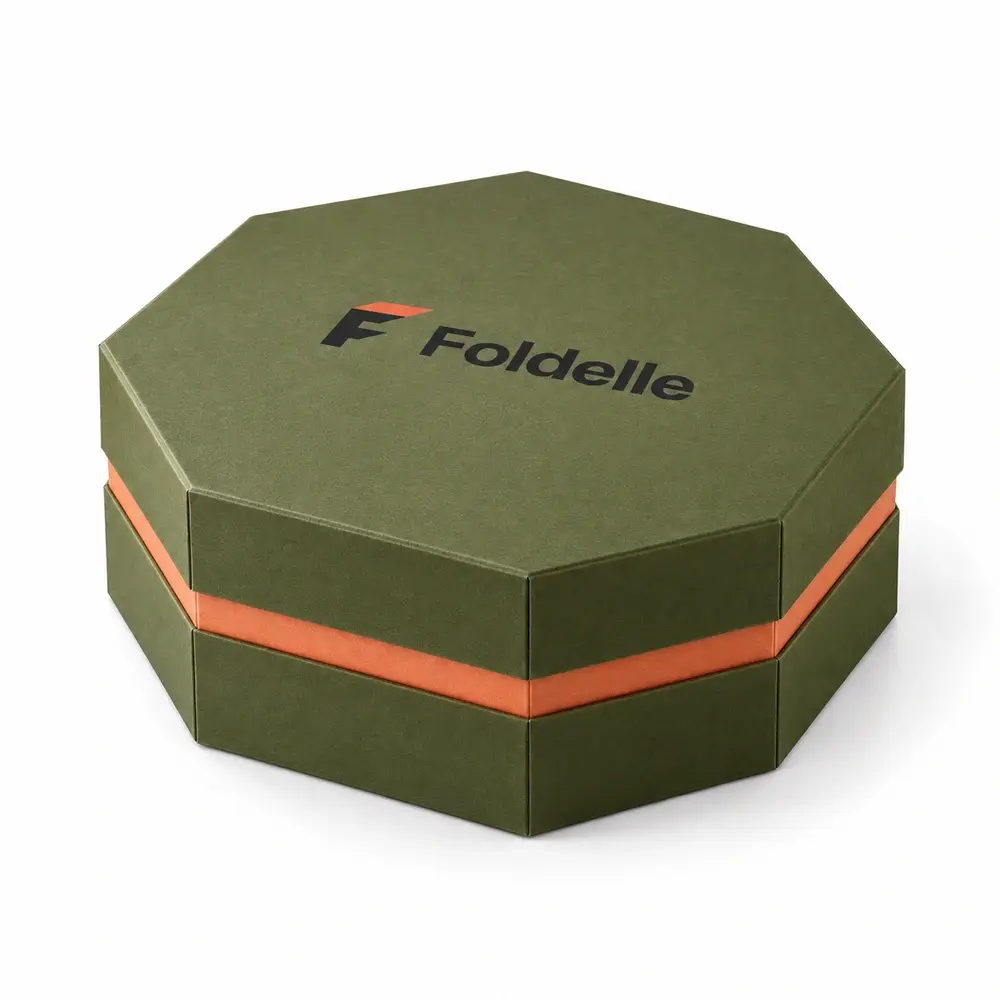 Alternate view of the olive green with apricot accents octagonal gift boxes with Foldelle artwork