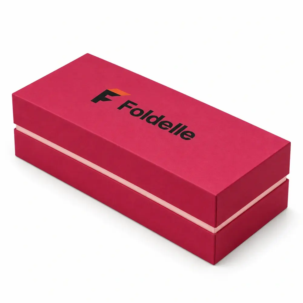 Alternate view of the raspberry with blush accents shoulder presentation boxes with Foldelle artwork