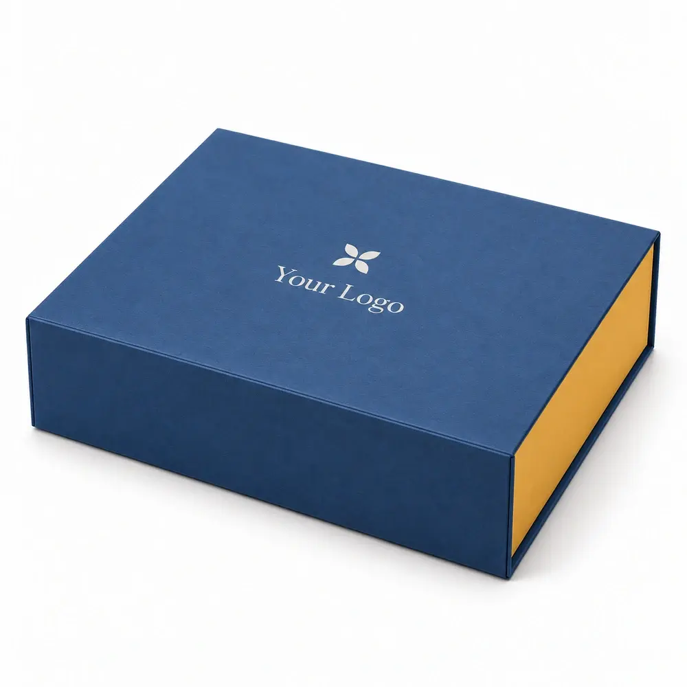 Alternate view of the denim blue with ochre accents collapsible magnetic boxes with Your Logo artwork