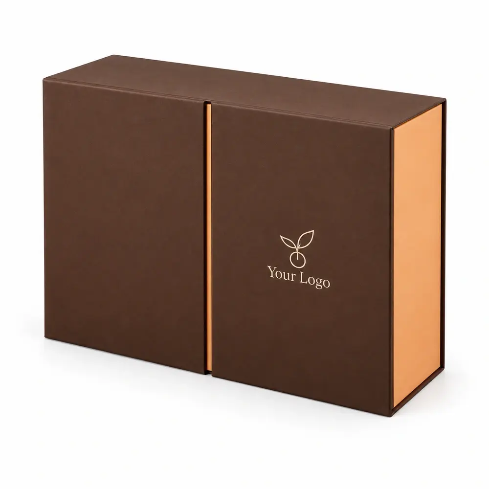 Alternate view of the chocolate brown with apricot accents double-door gift boxes with Your Logo artwork