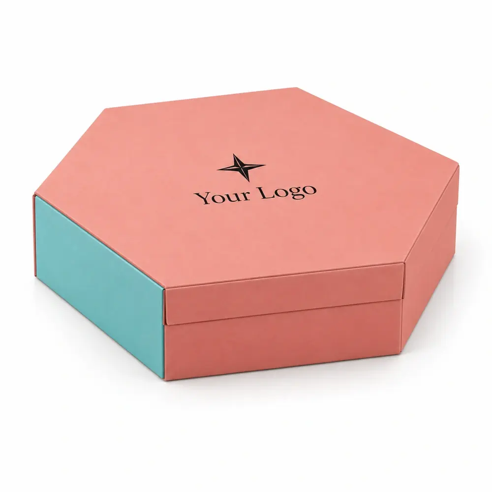 Alternate view of the salmon pink with turquoise accents hexagonal magnetic boxes with Your Logo artwork
