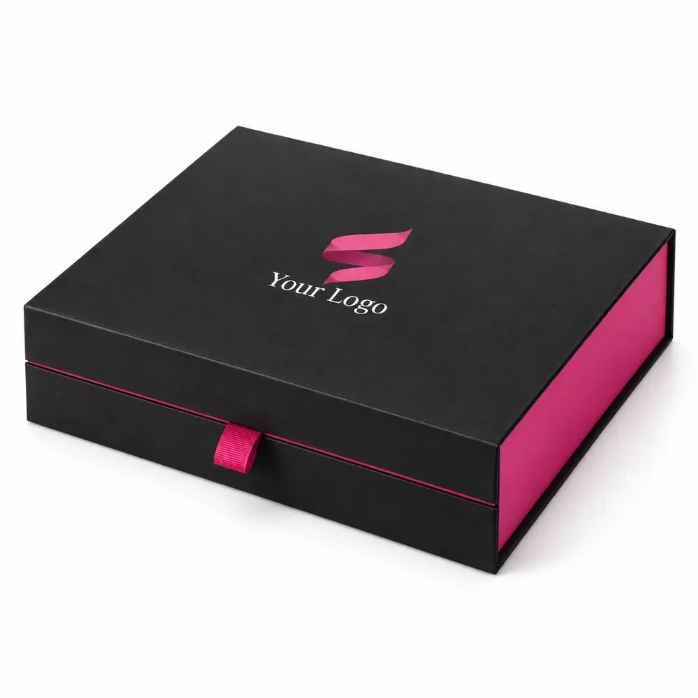 Alternate view of the black with fuchsia accents ribbon magnetic presentation boxes with Your Logo artwork