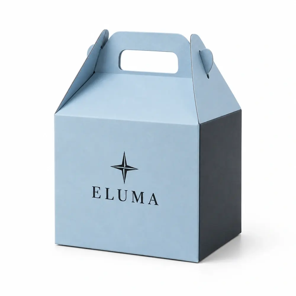 Alternate view of the glacier blue with charcoal accents gable gift cartons with ELUMA artwork