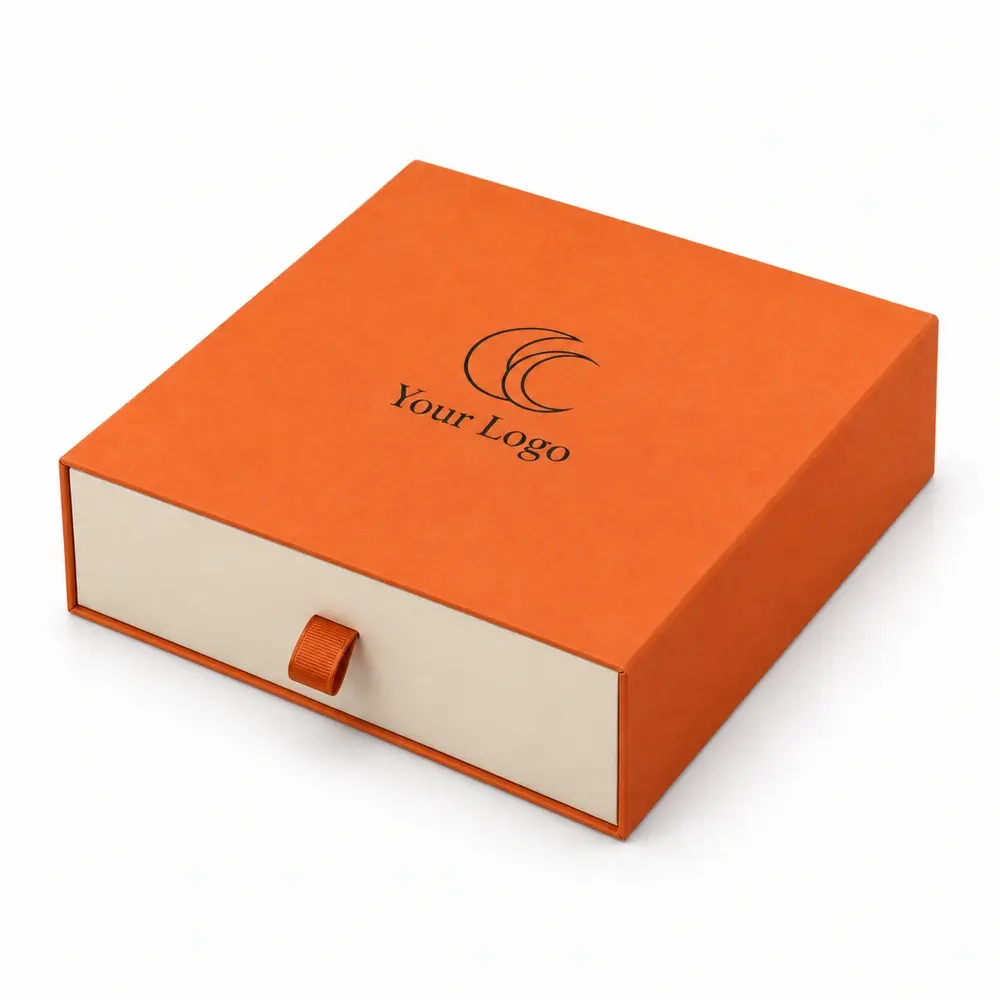 Alternate view of the tangerine with cream accents drawer presentation boxes with Your Logo artwork