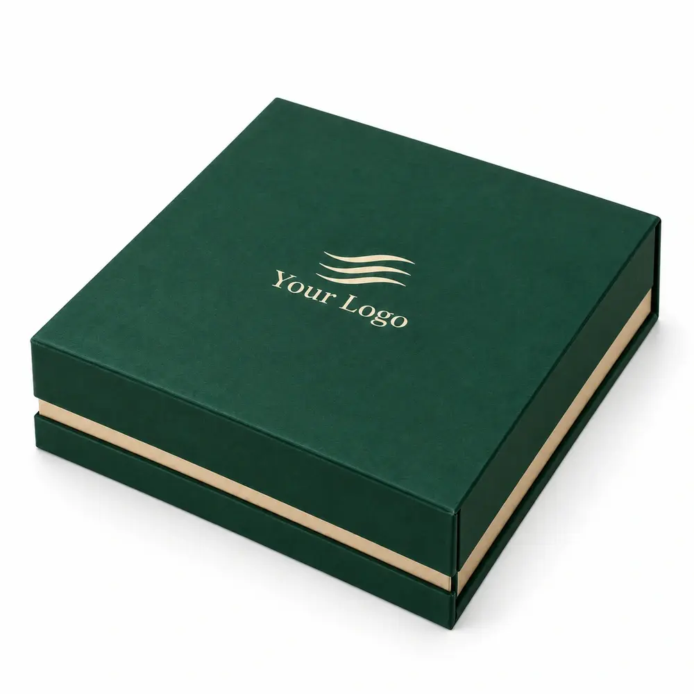 Alternate view of the emerald with champagne accents hinged keepsake boxes with Your Logo artwork