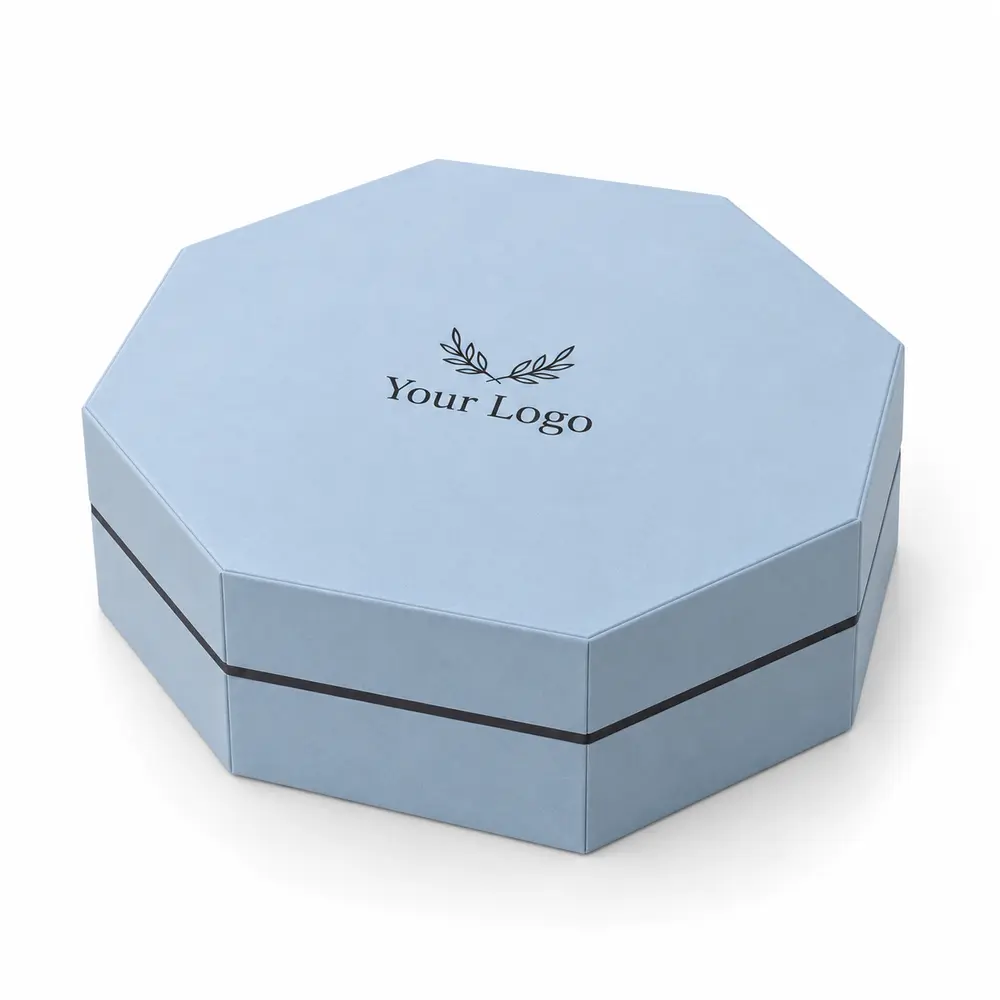 Alternate view of the glacier blue with charcoal accents octagonal gift boxes with Your Logo artwork