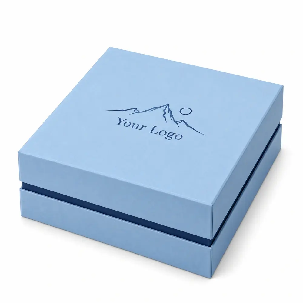 Alternate view of the sky blue with navy accents shoulder presentation boxes with Your Logo artwork